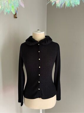 Y2K Black Sparkly Faux Fur Collar Cardigan Sweater Medium